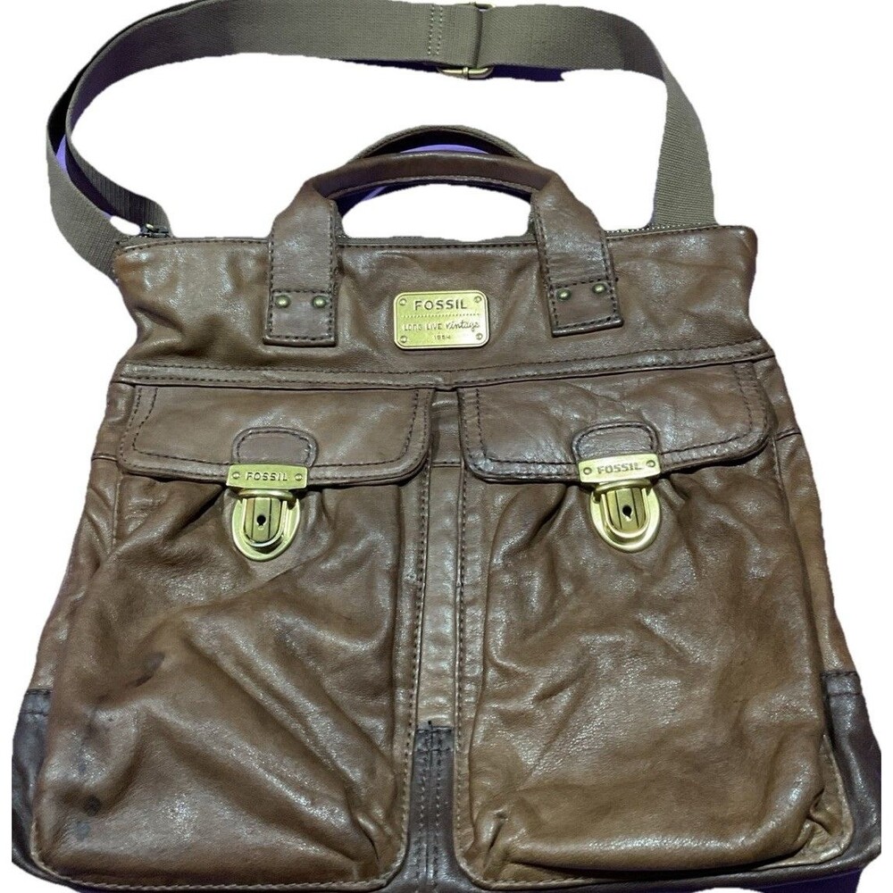 Vintage Fossil Messenger Bag Two-Tone Brown Leather Crossbody w/ Brass Hardware